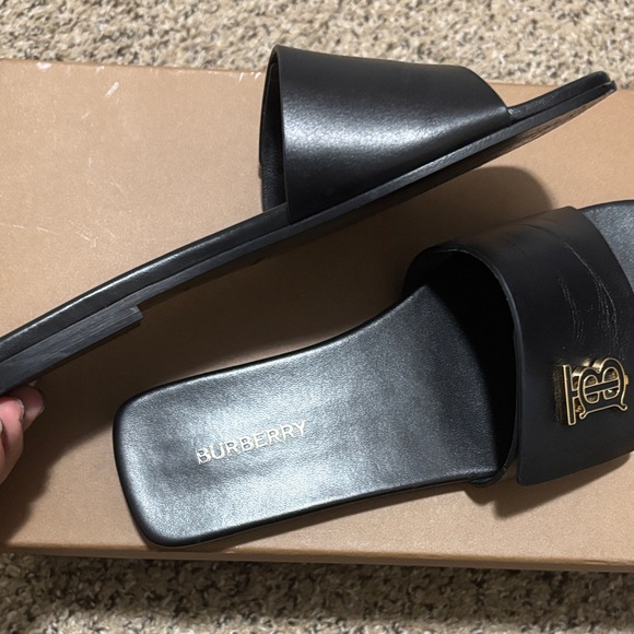 Burberry Black Slides with Gold Logo - Picture 10 of 16